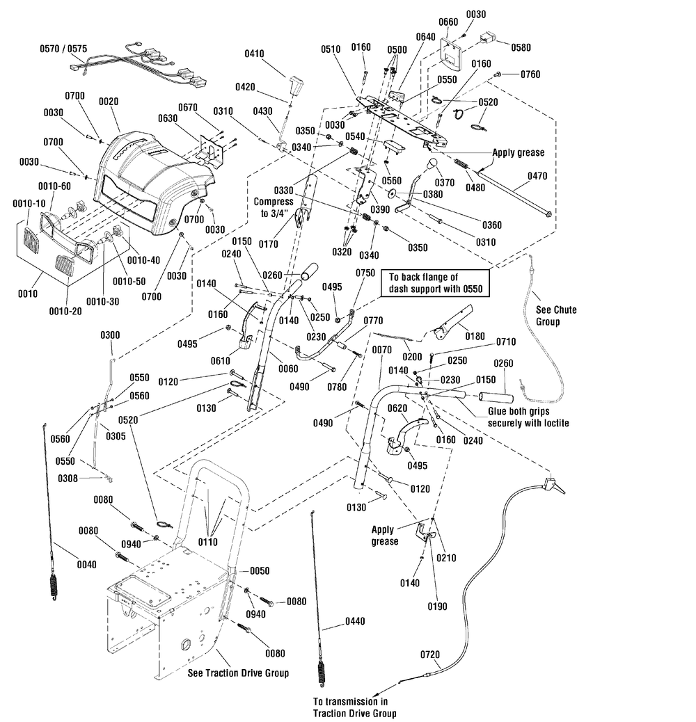 Handles And Controls Group Diagram and Parts List for 1695790-LP25941-1338PE 2010 Briggs and Stratton Snow Blower